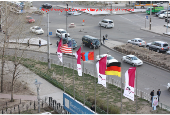 Flags of Mongolia, Germany &  Bucyrus in front of Kempinski